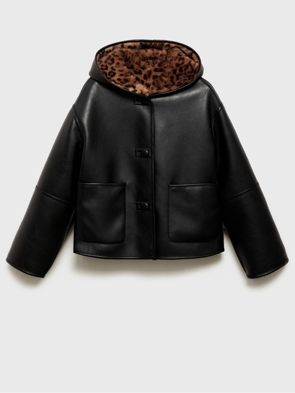 Mango Reversible Leopard Print Faux Leather Jacket Black Oversized
